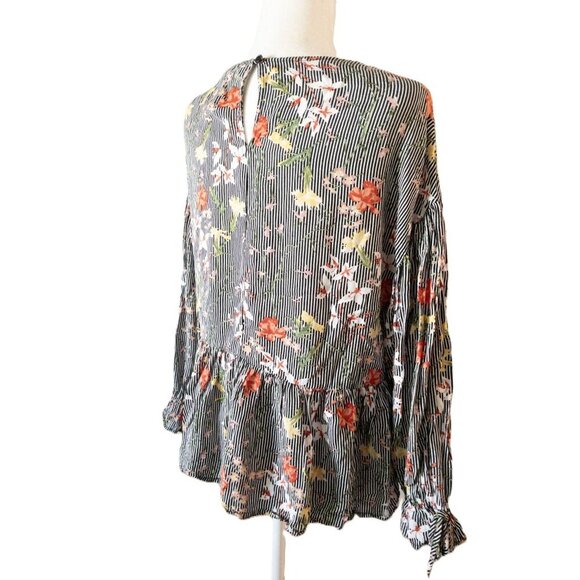Pleione Floral Striped Long-Sleeve Peplum Blouse With Keyhole Back Detail SZ M - Picture 5 of 11